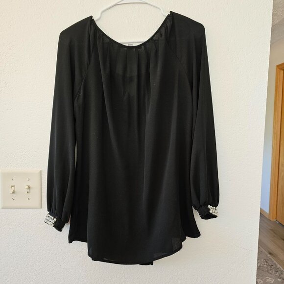 NY COLLECTION Women's Size M Black Blouse Pearls Rhinestone Cuffs Long Sleeves - Picture 4 of 7